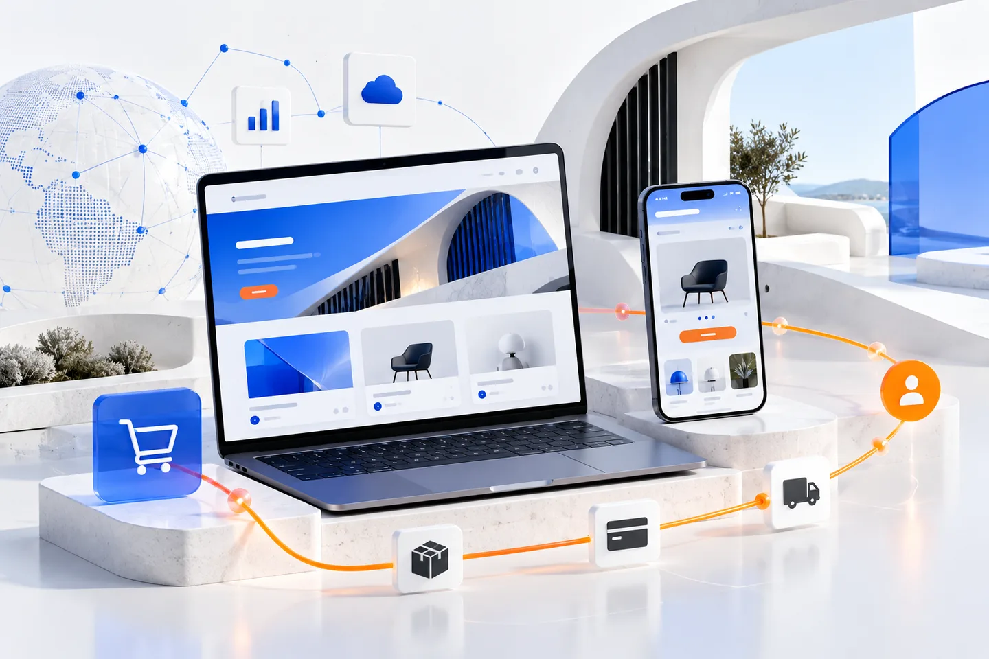 Laptop e celular exibindo uma experiência digital em azul e branco conectada a uma jornada de compra.